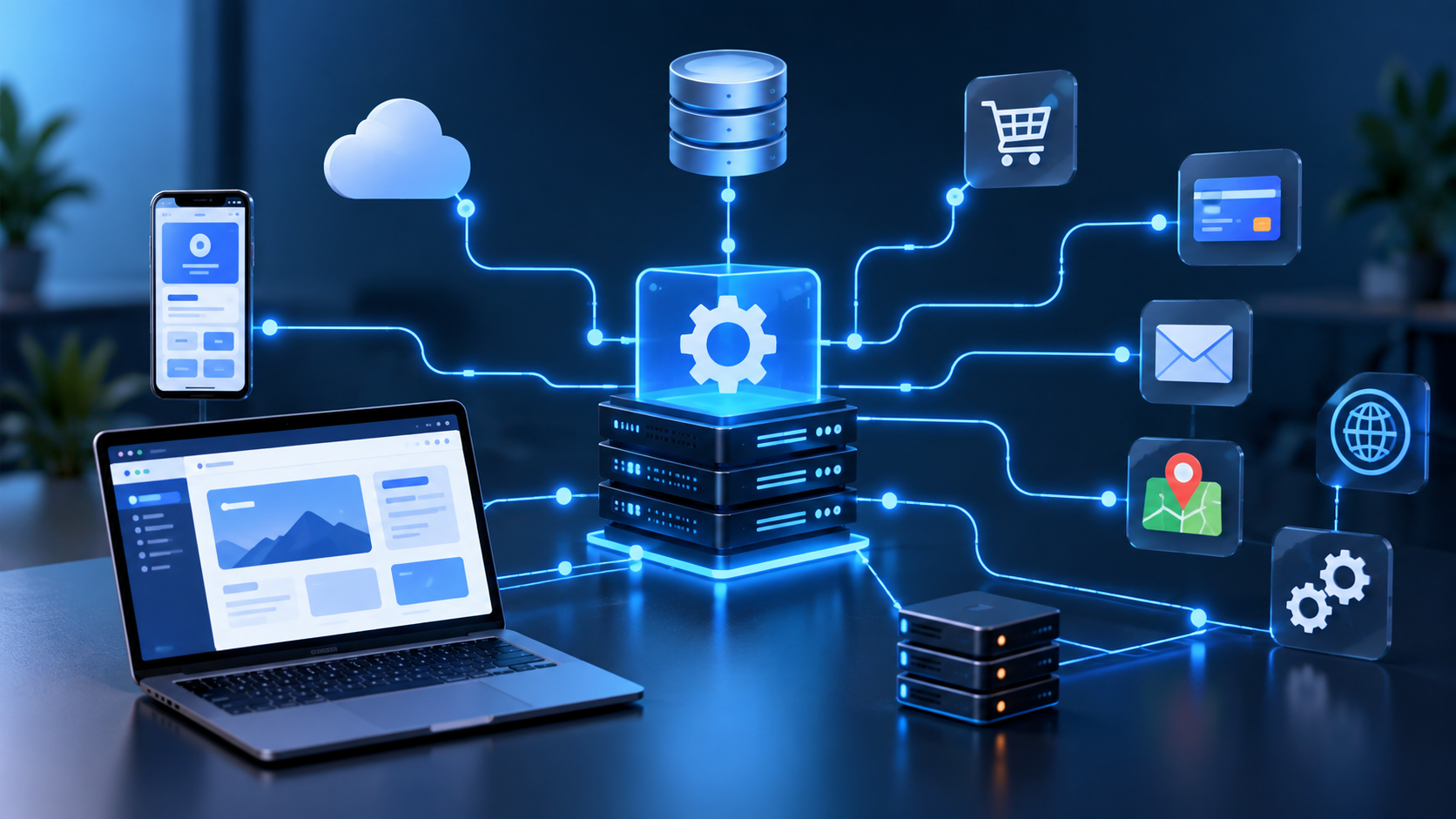 Modern REST API architecture connecting web applications, databases, cloud services, payment systems, and third-party applications.
