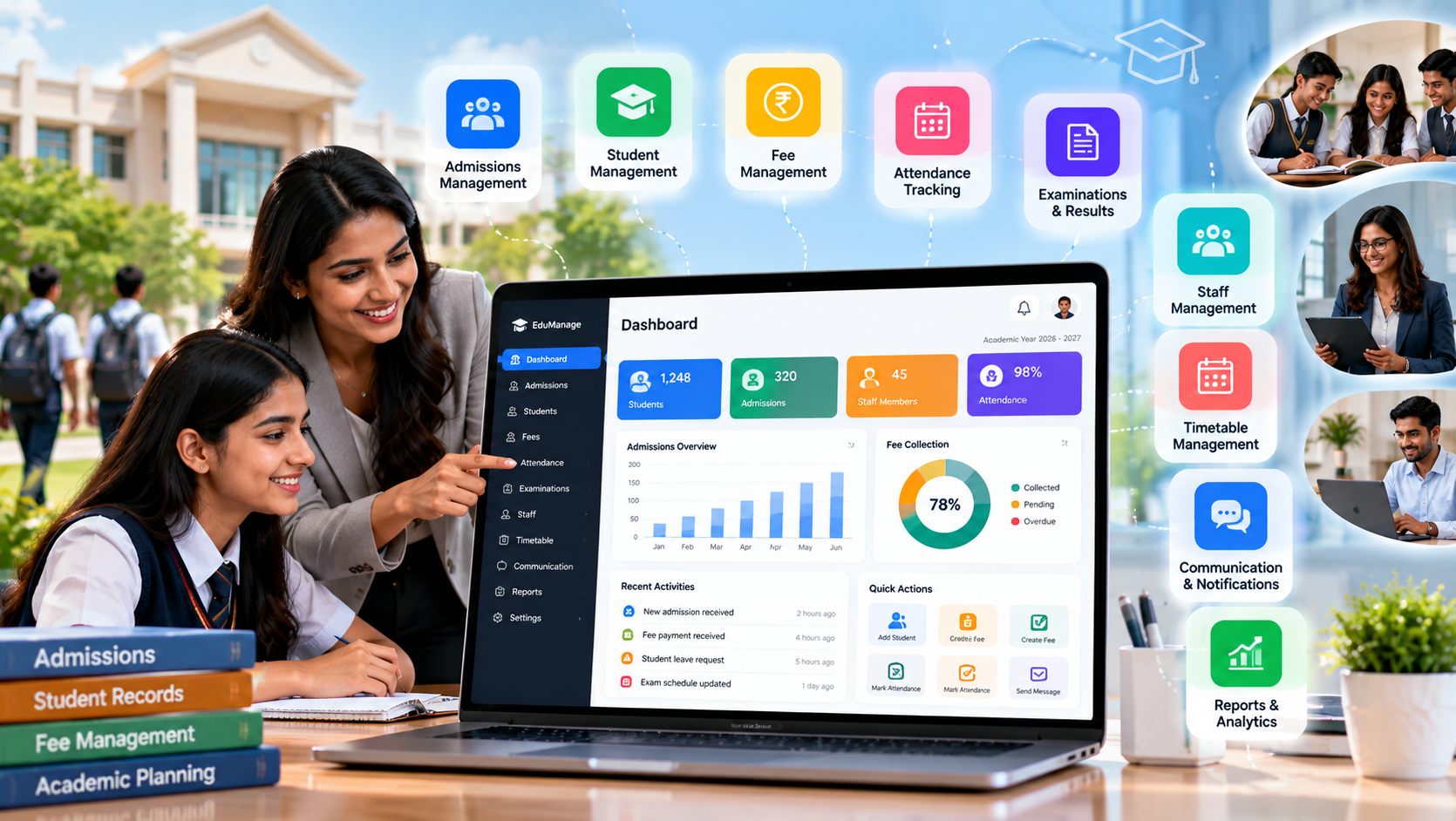 Dynamic education management system dashboard showing admissions, student management, fee management, attendance, examinations, staff management, communication, timetables, reports, and analytics for an educational institution.