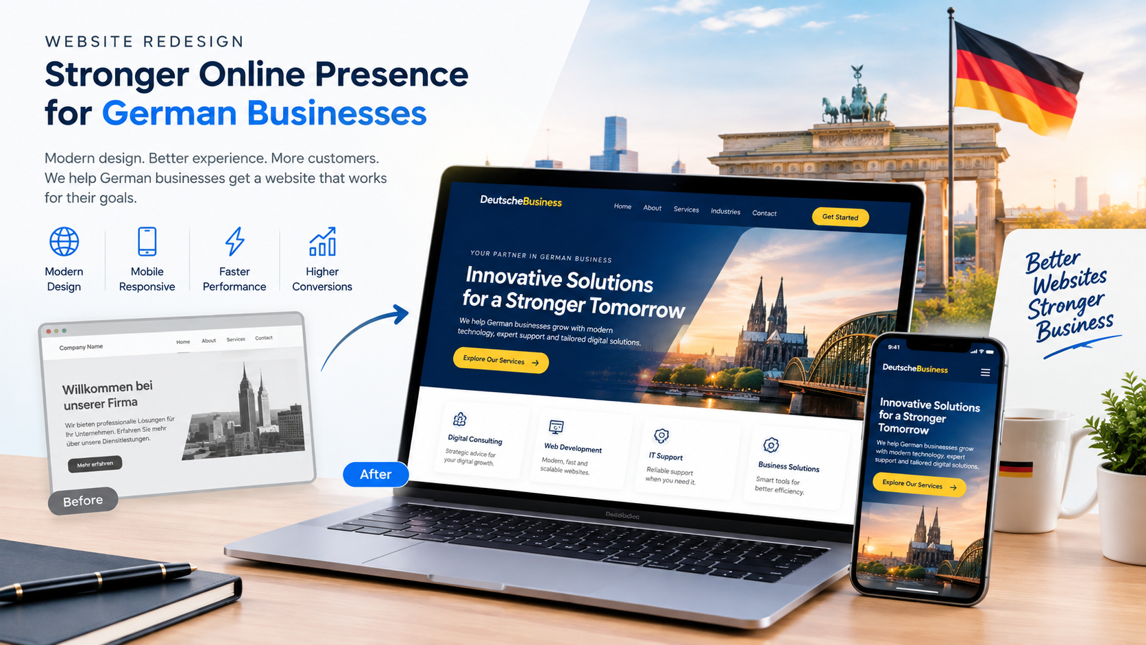 Modern business website redesign showing responsive design and improved user experience for German businesses