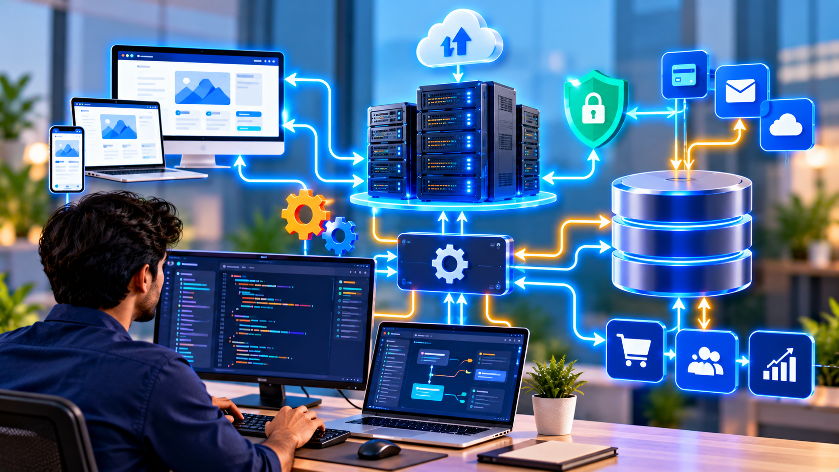 Backend development architecture connecting servers, APIs, databases, cloud services, and web applications to enable secure data processing and software functionality.