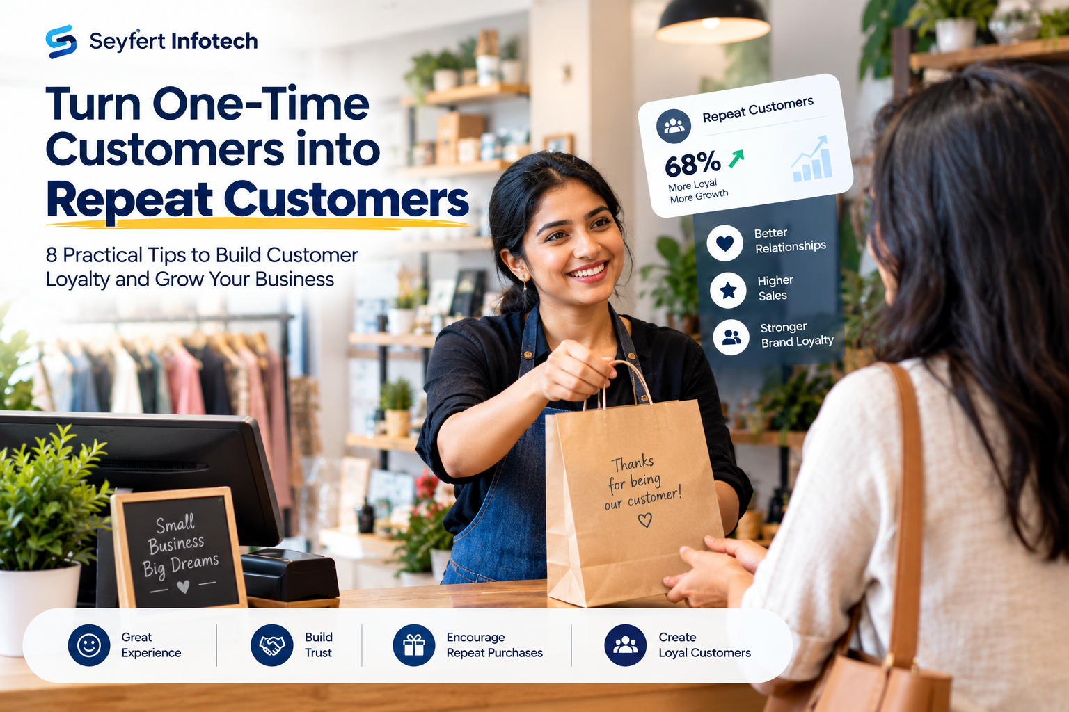 Small business owner building long-term customer relationships through repeat purchases and customer engagement.