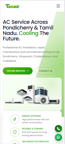 Turbo Cooling Solutions AC service website mobile responsive view