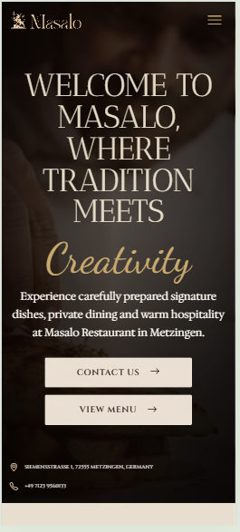 Masalo Dining responsive restaurant website mobile view