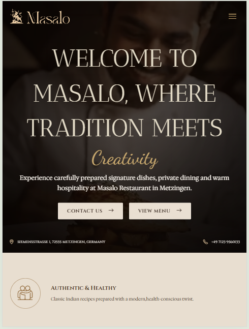 Masalo Dining Indian restaurant website tablet responsive view